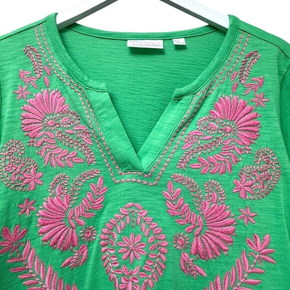 Kim Gravel Bellisima Top Medium Petite Green Pink Embroidery 3/4 Sleeve Tee - Picture 7 of 10